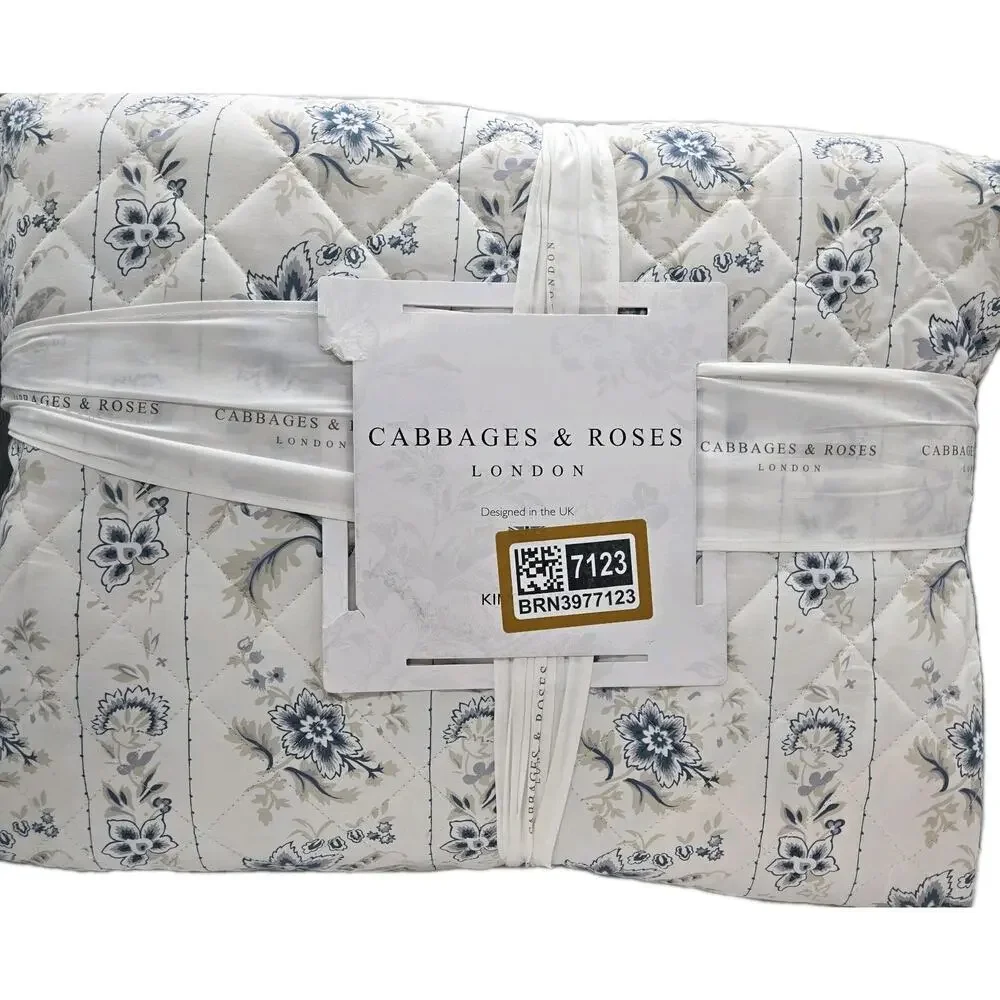 Cabbages & Roses KING Quilt India Rose Grey Blue White Floral Embroidered Cottag